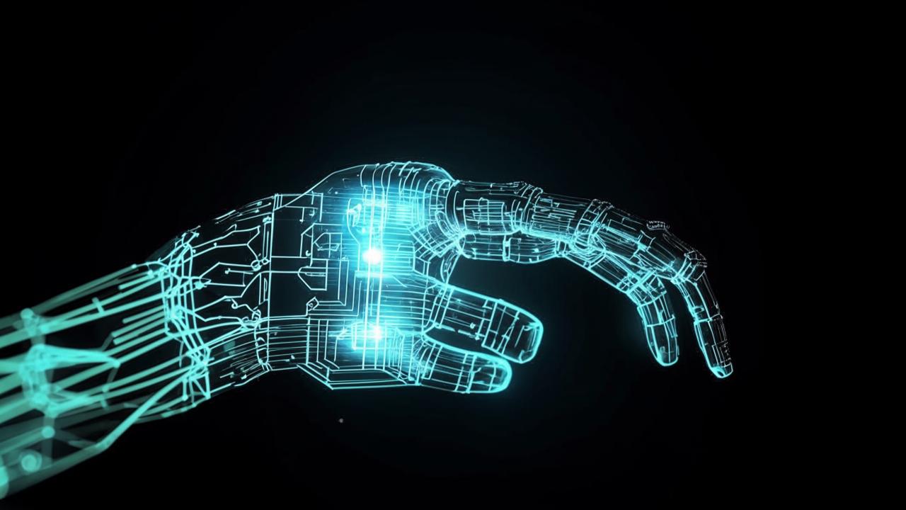Human silhouette interacting with neural network visualization